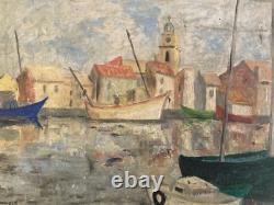 Very beautiful oil painting on cardboard, Martigues, Mediterranean Sea, fishing boat, art