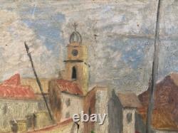 Very beautiful oil painting on cardboard, Martigues, Mediterranean Sea, fishing boat art
