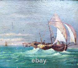 Very beautiful small marine painting in oil on wood 10x14 cm signed Sauzade 1902