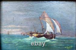 Very beautiful small marine painting in oil on wood 10x14 cm signed Sauzade 1902