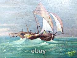 Very beautiful small marine painting in oil on wood 10x14 cm signed Sauzade 1902