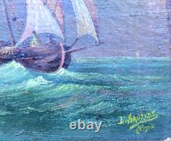 Very beautiful small marine painting in oil on wood 10x14 cm signed Sauzade 1902
