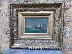 Very beautiful small marine painting in oil on wood 10x14 cm signed Sauzade 1902