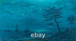 Very beautiful small oil painting of a seascape on wood 26x14 cm signed