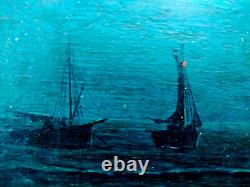 Very beautiful small oil painting of a seascape on wood 26x14 cm signed