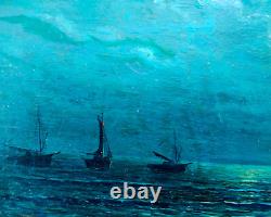 Very beautiful small oil painting of a seascape on wood 26x14 cm signed