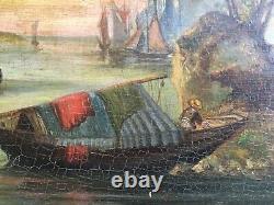 Very old oil painting on wood, fishing and boats theme