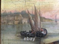 Very old oil painting on wood, fishing and boats theme