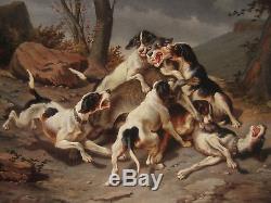 Victorian Joseph Bain Pair Table Scene Hunting Boar Wolf Dogs Art France