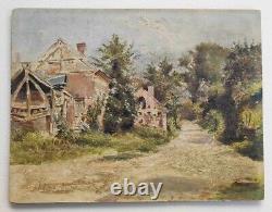 Village in ruins and abandoned Old painting oil on beveled wooden panel