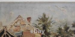 Village in ruins and abandoned Old painting oil on beveled wooden panel