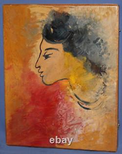 'Vintage Modernist Woman Portrait Oil Painting on Wooden Crate'