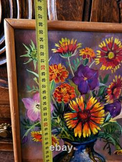 Vintage, Oil on Wood Panel, Still Life Flowers Signed