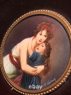 Vintage Old Table Round Peinture Miniature Madame Vigee Le Brun And Her City