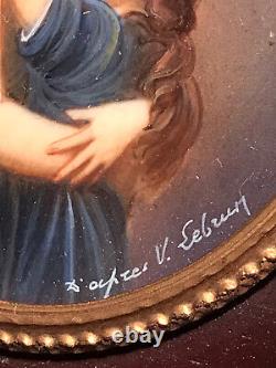 Vintage Old Table Round Peinture Miniature Madame Vigee Le Brun And Her City