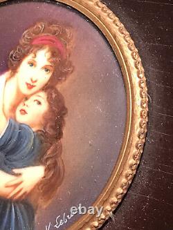 Vintage Old Table Round Peinture Miniature Madame Vigee Le Brun And Her City