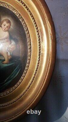 Virgin To Child Oil On Panel In Oval Frame Wood Stucco Gold Xixth