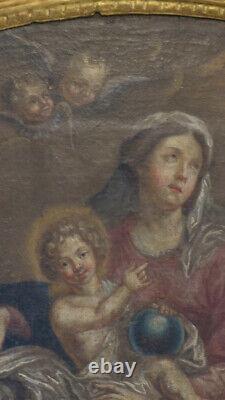 Virgo À L'enfant, Oil On Canvas And Its Wooden Frame Golden Sculpted, Era 17th