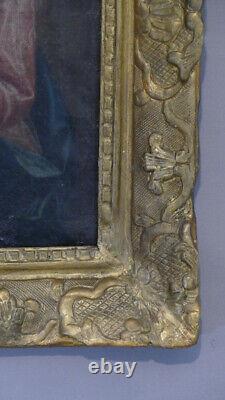 Virgo À L'enfant, Oil On Canvas And Its Wooden Frame Golden Sculpted, Era 17th