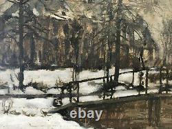 Winter Landscape Signed Snow Ski Cold Ice Etang Church Sapin Nature Wood Earth