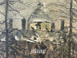 Winter Landscape Signed Snow Ski Cold Ice Etang Church Sapin Nature Wood Earth