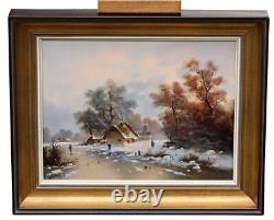 Winter Landscape with Figurines and Ice Rink Oil on Wood Signed Frame