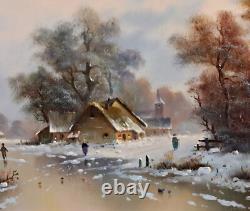 Winter Landscape with Figurines and Ice Rink Oil on Wood Signed Frame