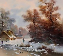 Winter Landscape with Figurines and Ice Rink Oil on Wood Signed Frame