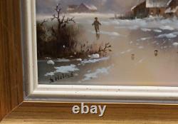 Winter Landscape with Figurines and Ice Rink Oil on Wood Signed Frame