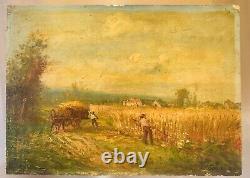 Wood Oil Painting Signed Peasant Countryside Landscape Fields To Clean