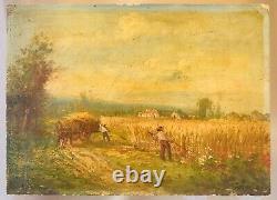 Wood Oil Painting Signed Peasant Countryside Landscape Fields To Clean