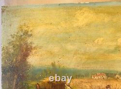 Wood Oil Painting Signed Peasant Countryside Landscape Fields To Clean