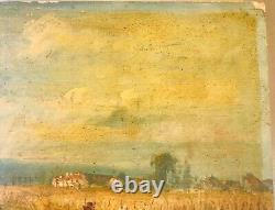 Wood Oil Painting Signed Peasant Countryside Landscape Fields To Clean