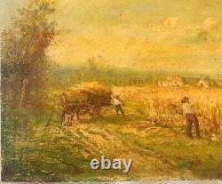 Wood Oil Painting Signed Peasant Countryside Landscape Fields To Clean