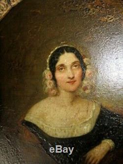 XIX Oil On Copper Portrait Lady Frame Empire Wood Dore