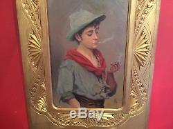 Xixth Century Painting Signed Young Man With Cigarette Beautiful Vintage Setting