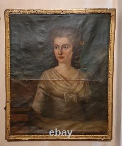 Xviiith Century, Old Portrait Of Woman, Oil On Canvas, Original Wooden Frame