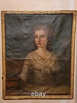 Xviiith Century, Old Portrait Of Woman, Oil On Canvas, Original Wooden Frame