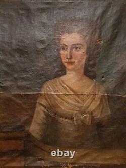 Xviiith Century, Old Portrait Of Woman, Oil On Canvas, Original Wooden Frame