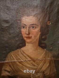 Xviiith Century, Old Portrait Of Woman, Oil On Canvas, Original Wooden Frame