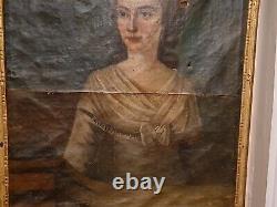 Xviiith Century, Old Portrait Of Woman, Oil On Canvas, Original Wooden Frame