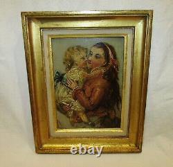YOUNG WOMAN / MOTHER WITH CHILD 19th century Signed Reneault OIL WOOD FRAME GOLDEN