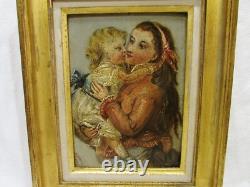 YOUNG WOMAN / MOTHER WITH CHILD 19th century Signed Reneault OIL WOOD FRAME GOLDEN