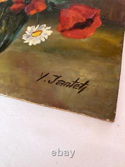 Y. JANTET Oil Painting on Wood Flower Bouquet Painting