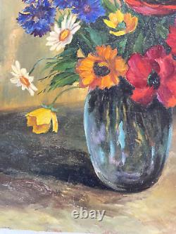 Y. JANTET Oil Painting on Wood Flower Bouquet Painting