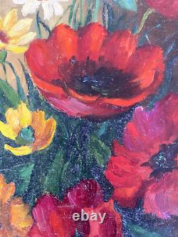 Y. JANTET Oil Painting on Wood Flower Bouquet Painting