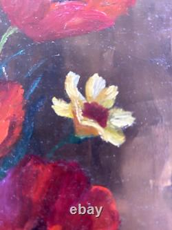 Y. JANTET Oil Painting on Wood Flower Bouquet Painting