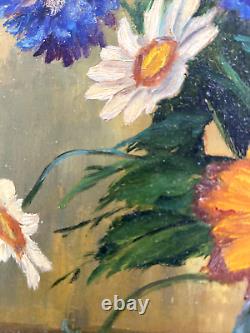 Y. JANTET Oil Painting on Wood Flower Bouquet Painting