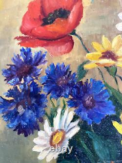 Y. JANTET Oil Painting on Wood Flower Bouquet Painting