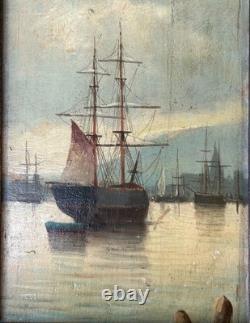 Yachting Sea Seascape, 19th Century Original Antique Oil, Framed